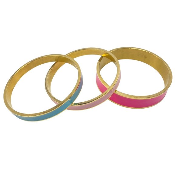 QVC Susan Graver 3 Enamel Bracelets Pink Hot Pink Light Blue Gold Tone Trim - Picture 3 of 7
